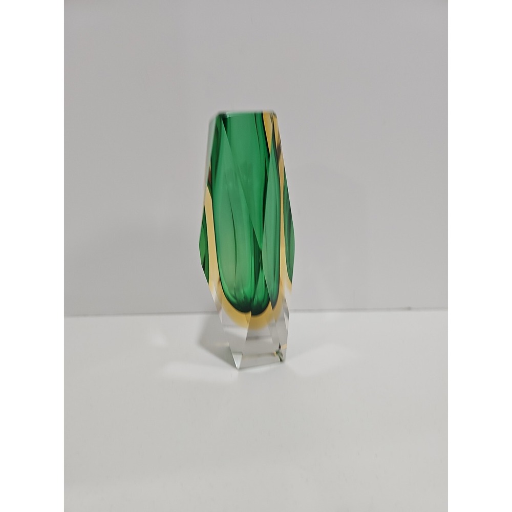 Vintage Murano Sommerso Faceted Art Olive Green Glass Vase 8" Tall - Picture 5 of 10